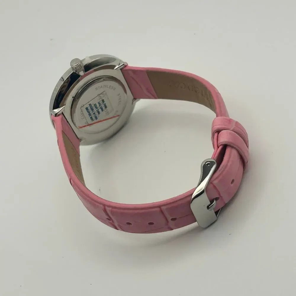 Genevex by Croton Women's Silver-Tone Pink Leather Band Quartz Watch New Battery